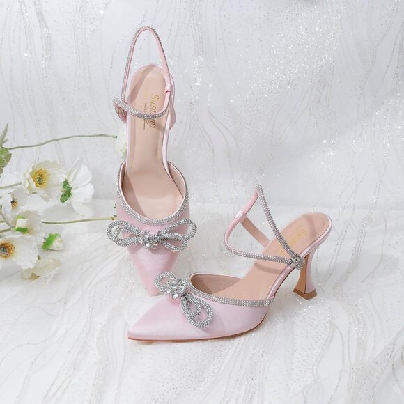 Women's Rhinstone Light Pink Strap Bow Closed Toe Adjustable Pumps Heeled Shoes - Picture 9 of 9